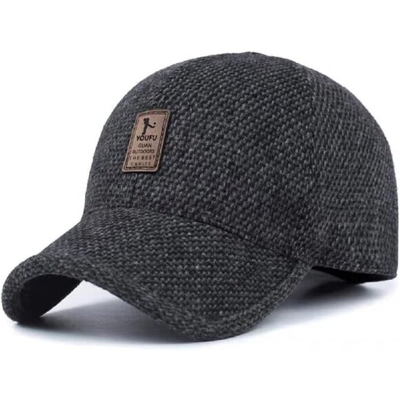 🆕 Men Black Baseball Cap Winter Warm Wool Tweed Peaked Fold Earmuff Jacket Hat - Picture 1 of 7